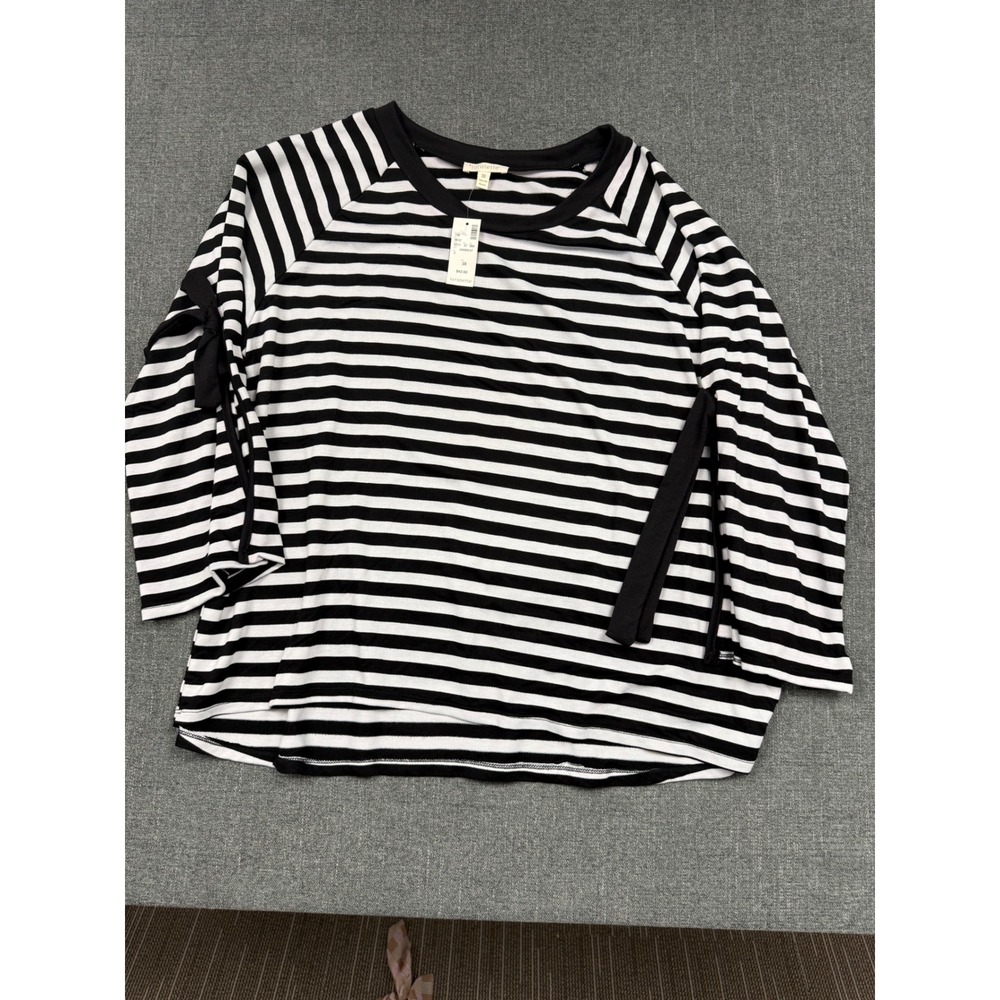 Loralette Womens 3X Black White Striped Tie Sleeve Top NWT 0717-07-893 NWT